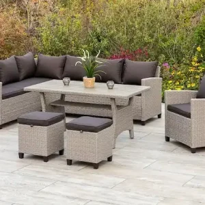 Ausverkauf MERXX Garten-Essgruppe »Palma« 1x Eckbank, 1x Sessel, 2x Hocker, 1x Tisch 144x67cm, mit Kissen, 5 Stk. tlg. pulverbeschichteter Stahl, Polyrattan