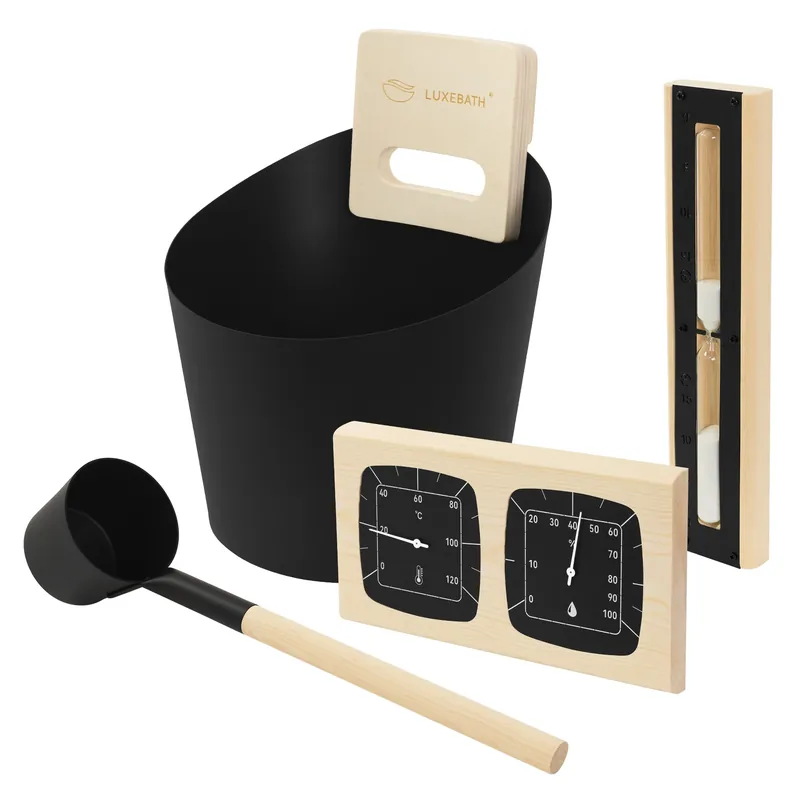 Expressversand Saunazubehör-Set aus Aluminium/Holz,4-teilig, Aufgusskübel & Kelle, Thermometer-Hygrometer, Sanduhr